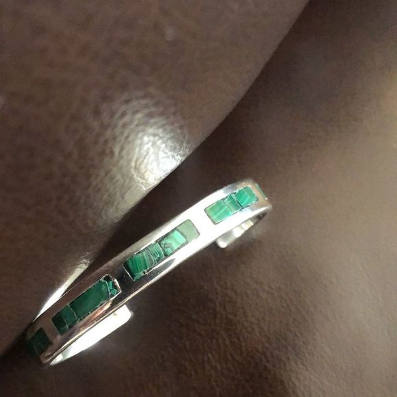 TAXCO Sterling Silver & Malachite Cuff Bangle Bracelet - Picture 7 of 10